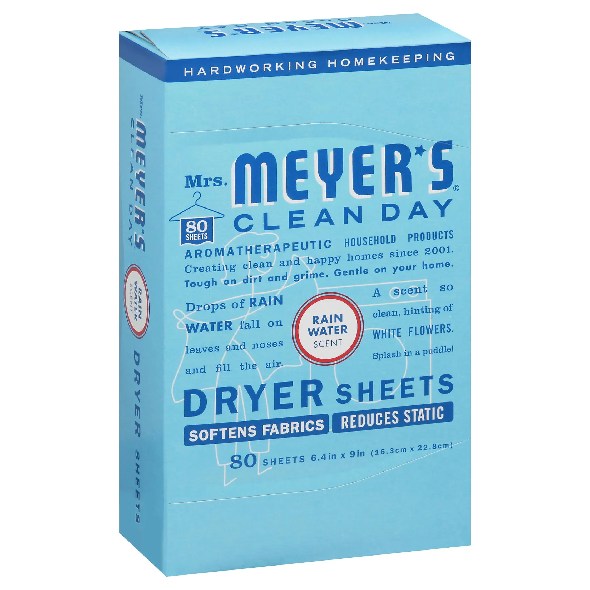 MRS. MEYER’S CLEANDAY Dryer Sheets, Fabric Softener, Reduces Static, Cruelty Free Formula Infused with Essential Oils, Rain Water Scent, 80 Count