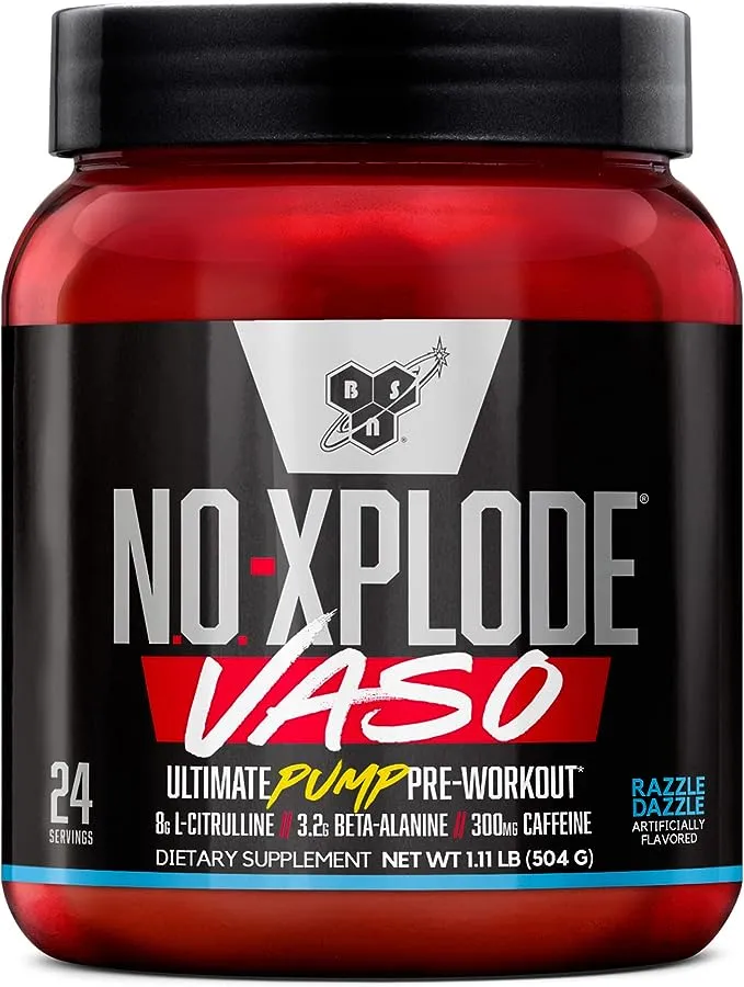 BSN N.O.-XPLODE Vaso Pre Workout Powder with 8g of L-Citrulline and 3.2g Beta-Alanine and Energy, Flavor: Razzle Dazzle, 24 Servings 