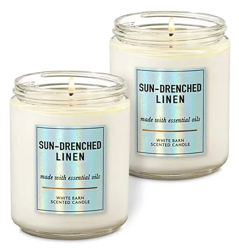 Bath & Body Works White Barn Sun Drenched Linen Single Wick Scented Candle with Essential Oils 7 oz / 198 g each Pack of 2