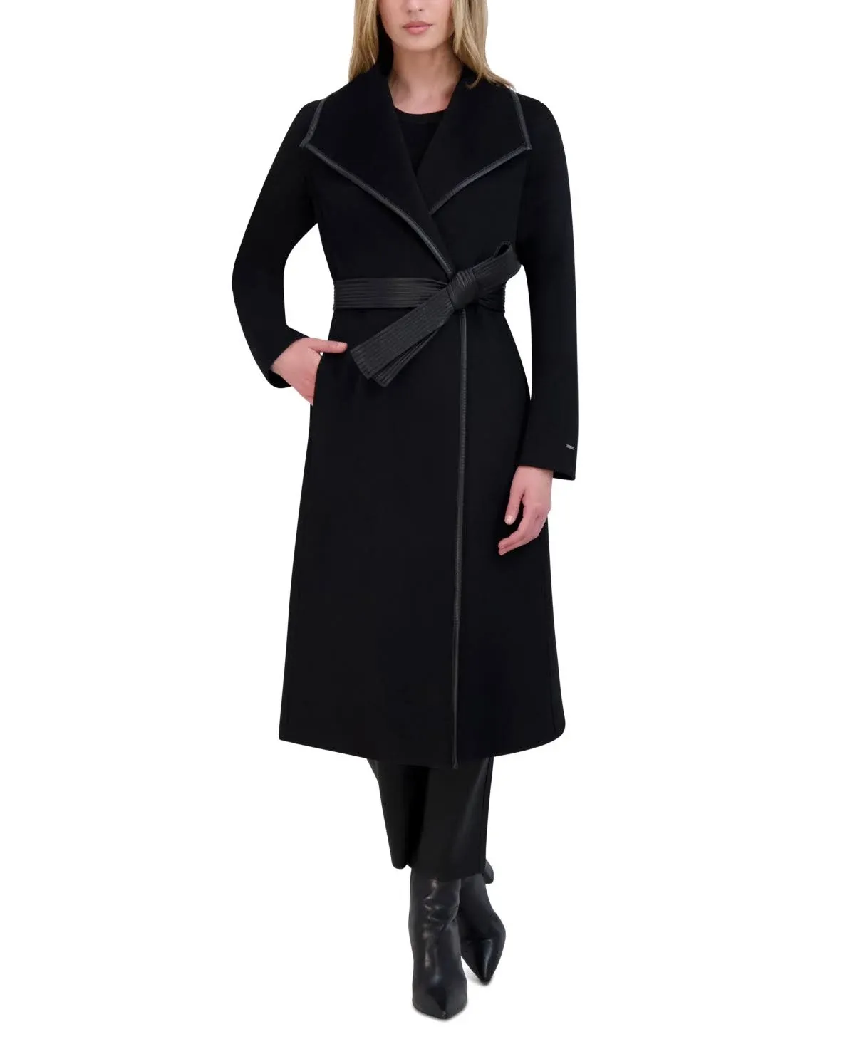 Tahari Women's Wool Blend Belted Wrap Coat - Black - Size S