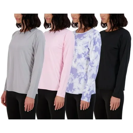 Real Essentials 4 Pack: Women's Dry-Fit Tech Stretch Long-Sleeve Athletic Workout T-Shirt (Available in Plus Size)