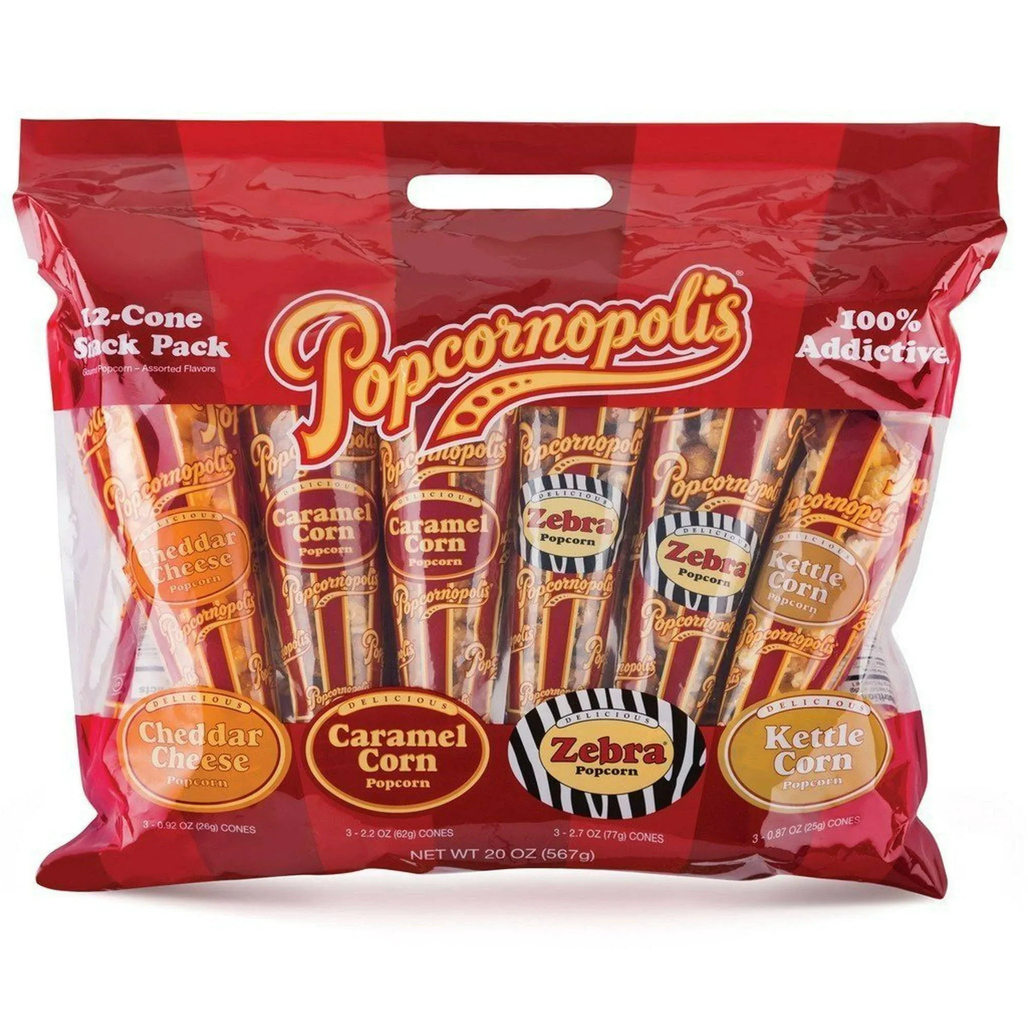 Popcornopolis Gourmet Popcorn Snacks 12 Cone Variety Snack Packs (Gift Cone) Perfect Party Favors Zebra Popcorn Cheddar Cheese Popcorn Caramel Popcorn