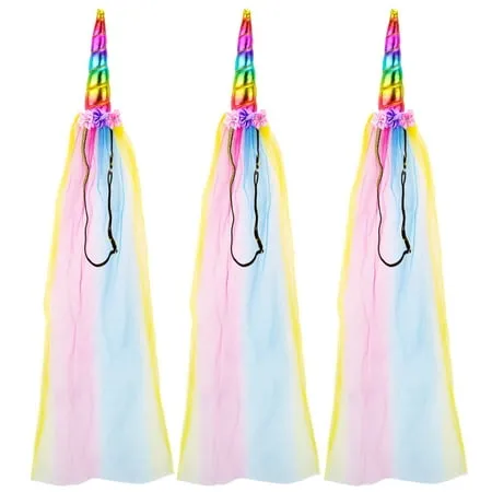 3 Ct SeasonsTrading Imagine-Fly Rainbow Unicorn Horn Headband Long Tulle - Girls Women Birthday Party, Bridal & Baby Shower, Halloween Costume