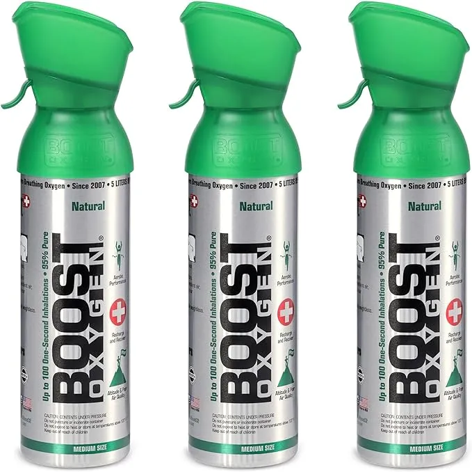 Boost Oxygen 5 Liter Natural Pure Canned Supplemental Oxygen Bottle with Built in Mouthpiece for High Altitudes and Recovery, Natural Flavor (3 Pack), Flavorless, 3.0 Count