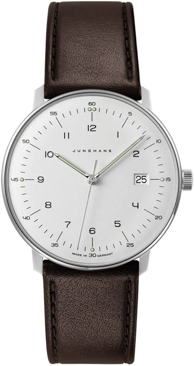 Junghans Max Bill Quartz Analog Watch for Men, 38mm Stainless Steel Case, Calfskin Leather Strap, Water Resistant 30M – White/Tan