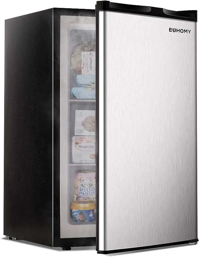 EUHOMY Upright freezer, 3.0 Cubic Feet, Single Door Compact Mini Freezer with Reversible Stainless Steel Door, Small freezer for Home/Dorms/Apartment/Office (Silver)