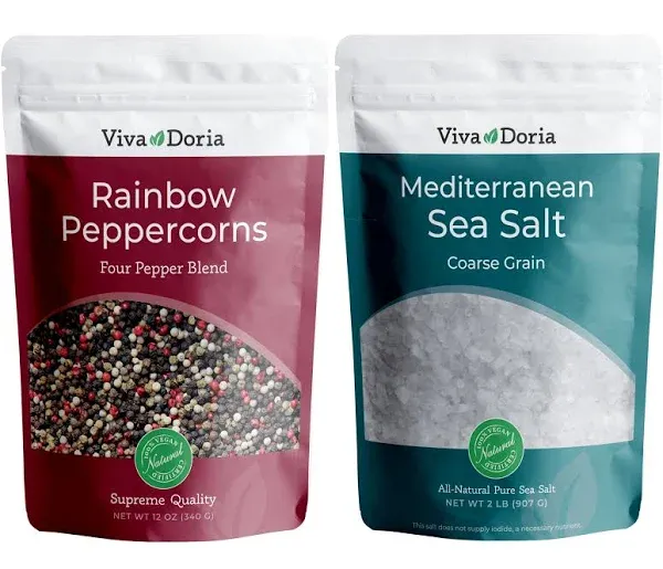 Viva Doria Rainbow Peppercorns Blend, 12 Oz and Pure Sea Salt, Coarse Grain, 2 lb | Great For Grinder Refills, 2 Piece Set