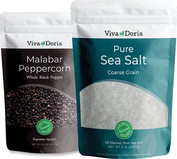 Viva Doria Malabar Black Peppercorns, Whole Black Pepper, Black Peppercorn, 12 oz and Pure Sea Salt, Coarse Grain, 2 lb, for Grinder Refills, 2