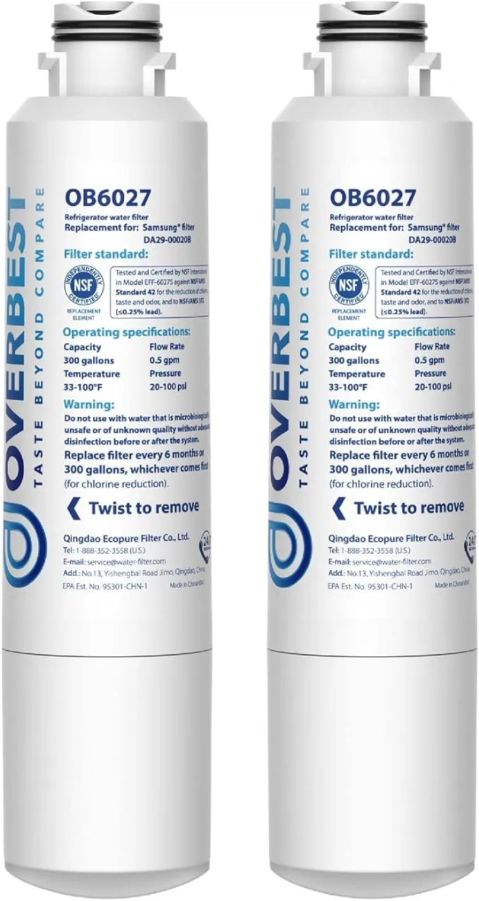 Overbest DA29-00020B Refrigerator Water Filter, Replacement for Samsung DA29-00020B, HAF-CIN/EXP, 46-9101, RF4267HARS, 2 Filters