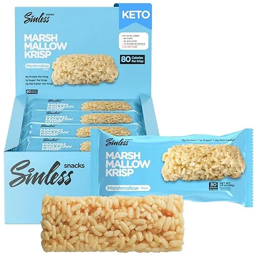 Sinless Snacks Marsh Mallow Krisp - Perfect Keto Snacks - Delicious Gluten Free Low Carb Snacks - Marshmallow Keto Cereal Bars - Low Sugar Snack - Only 1g Sugar - 9g Protein - 2g Net-Carbs - 8 Pack