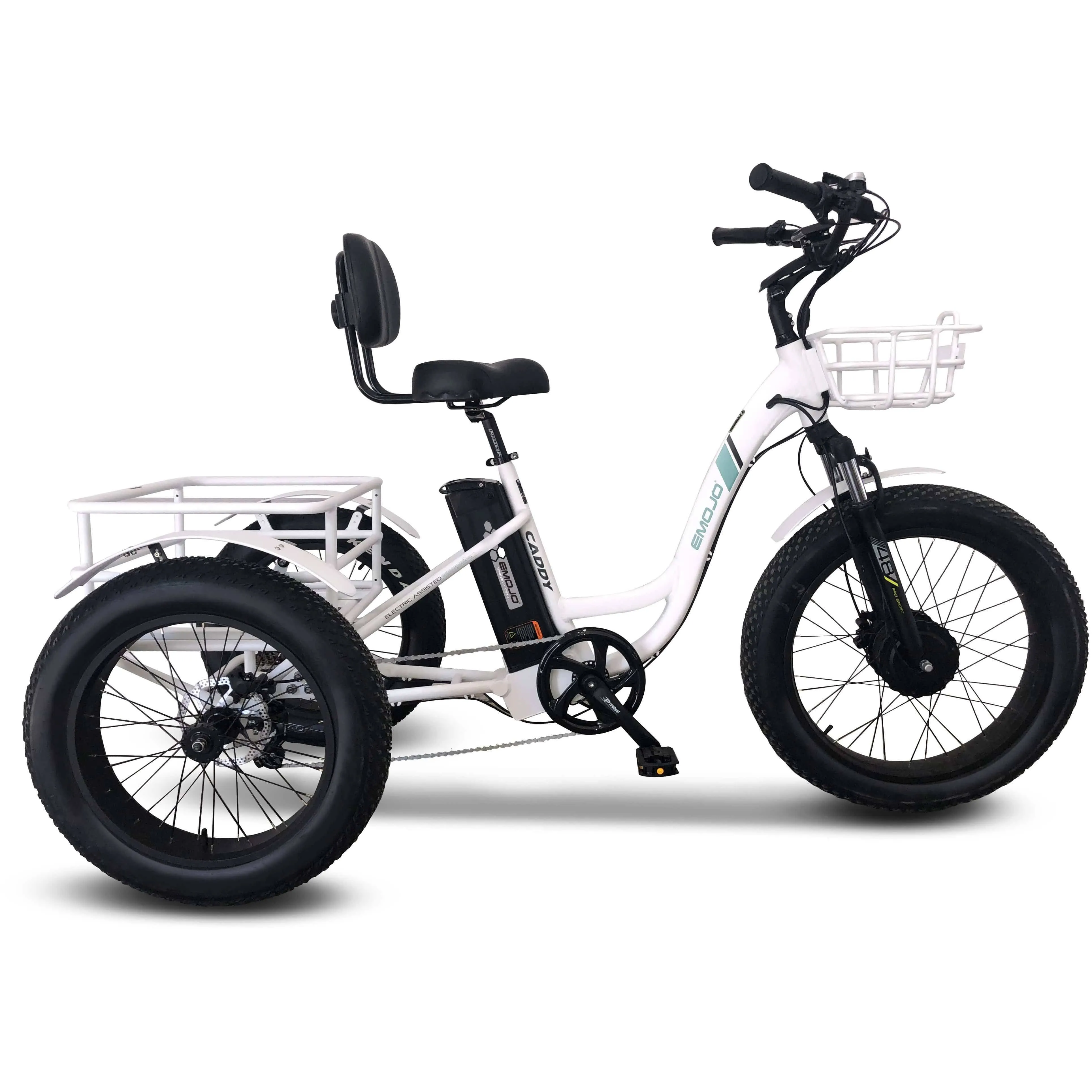 EMOJO Electric Tricycle 20 x 4.0 Inch Fat Tire Caddy Pro Trike 500W 48V 7 Speed Hybrid Bicycle with Hydraulic Brake Oversize Rear Cargo and Front Basket for Heavy-Duty Carrying or Delivery