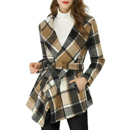 Allegra K Women's Turn Down Collar Asymmetric Hem Thin Plaids Wrap Coat