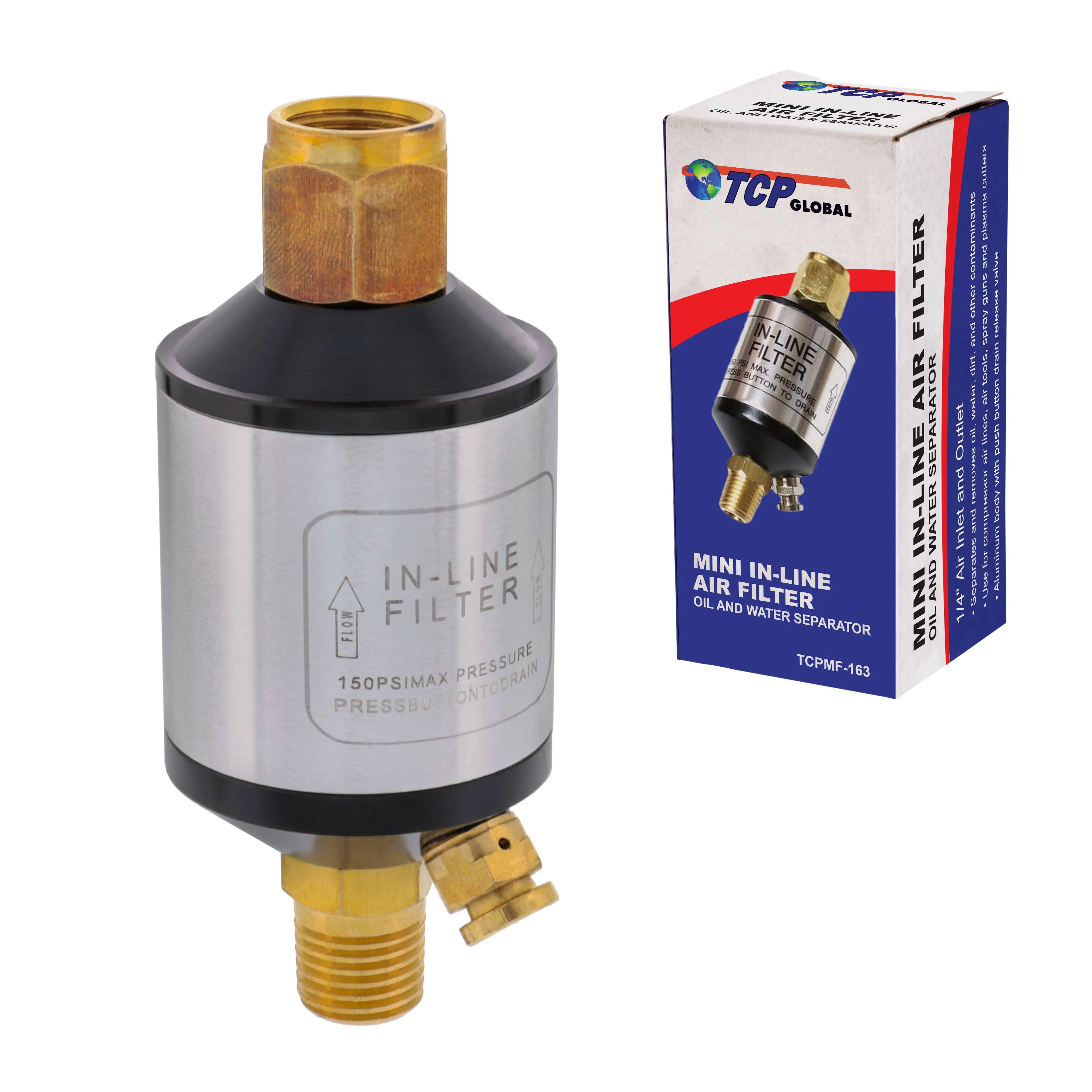 Mini In-Line Air Filter, Oil and Water Separator, Aluminum Body with Drain Valve