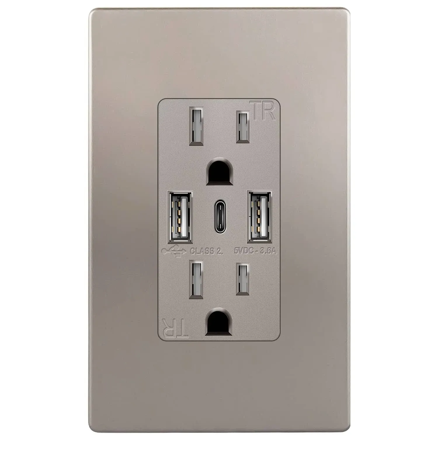 TOPGREENER USB Outlet, 3-Port Type C 3.6A 18W USB Wall Outlet, 15 Amp Tamper-Resistant Receptacle Plug, Charging Power Outlet with USB Ports, UL Listed, TU21536AC3-NK, Nickel with Wall Plate