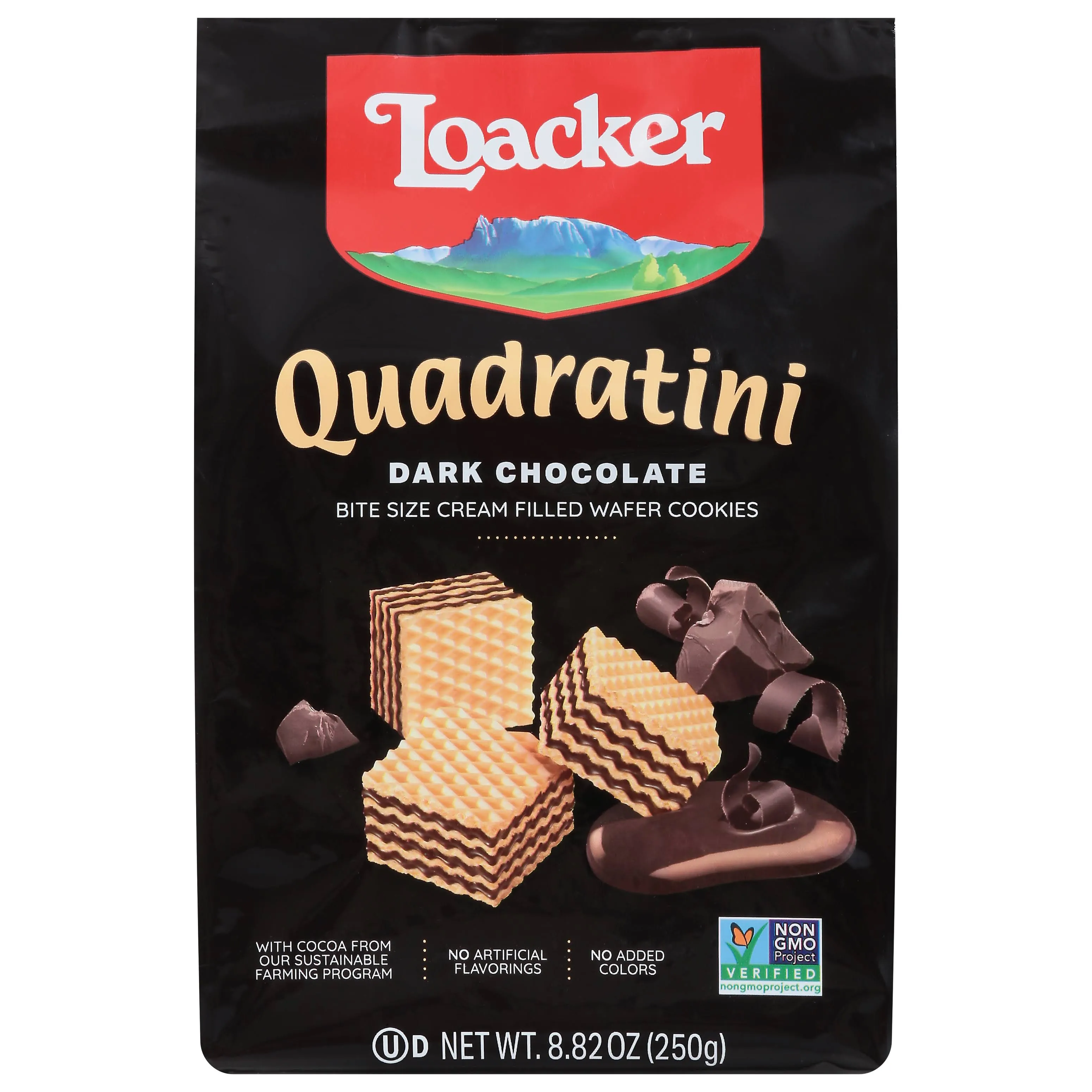 Loacker Quadratini Bite Size Wafer Cookies, Dark Chocolate - 8.82 oz bag