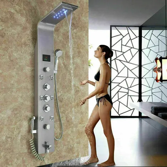 Stainless Steel Shower Panel Tower Faucet Massage Body Jets LED Rainfall System