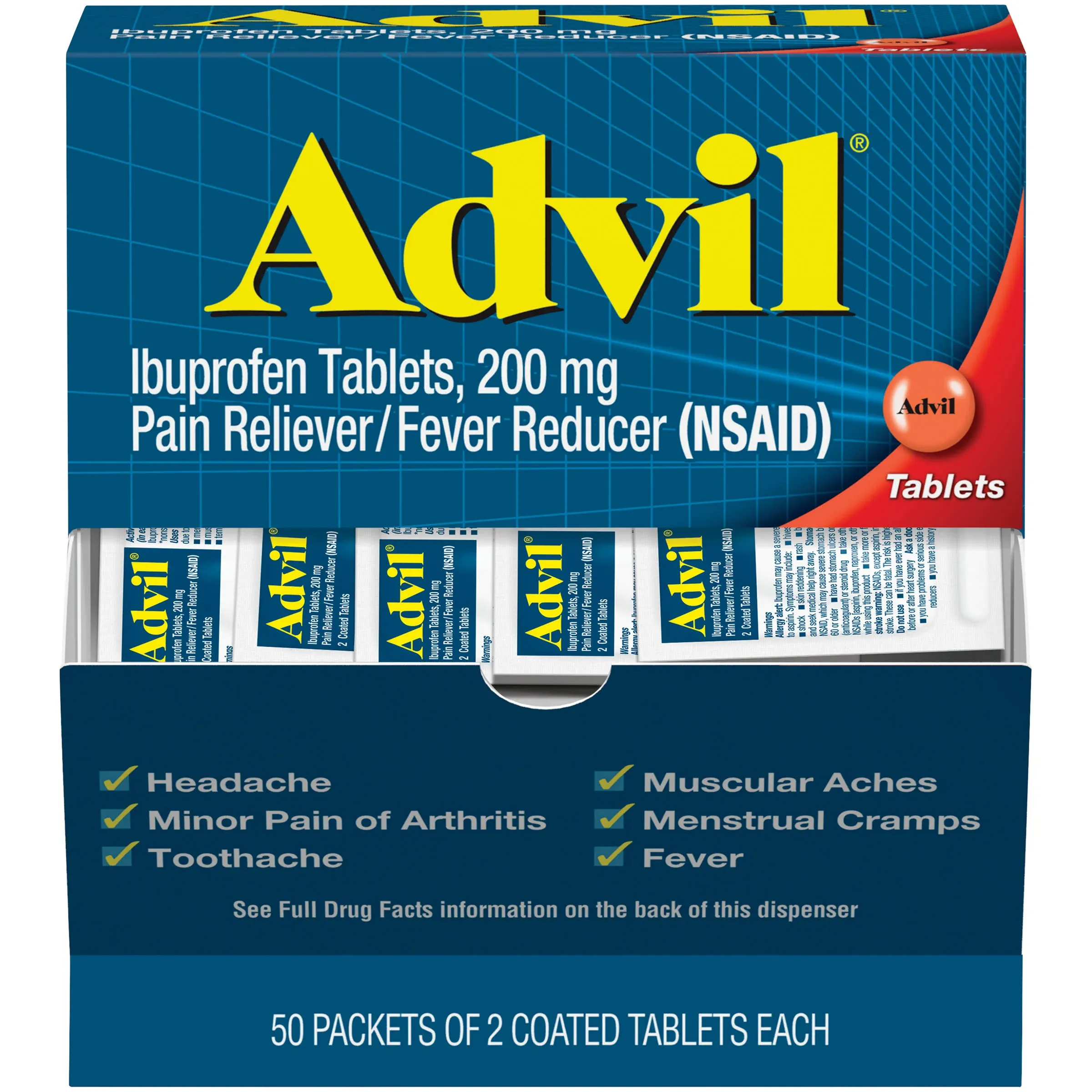 Advil Ibuprofen Pain Reliever & Fever Reducer, 200 mg, Tablets - 50 pack, 2 tablets each