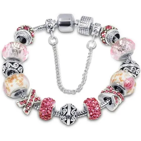 Savlano Silver Tone Charm Bracelet With Pink Crystal And Murano Glass Beads Snake Chain For Women & Girls