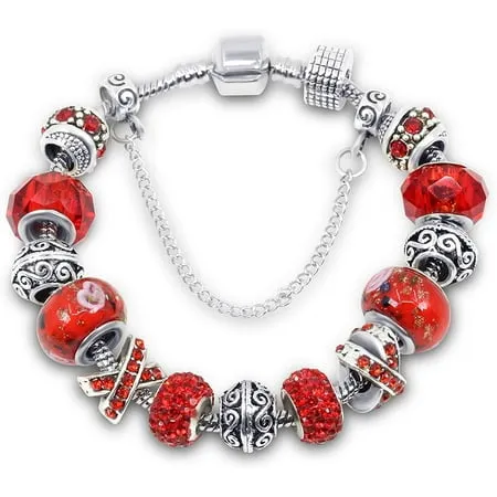 Savlano Silver Tone Charm Bracelet with Crystal and Murano Glass Beads Snake Chain for Women Comes in a Gift Box