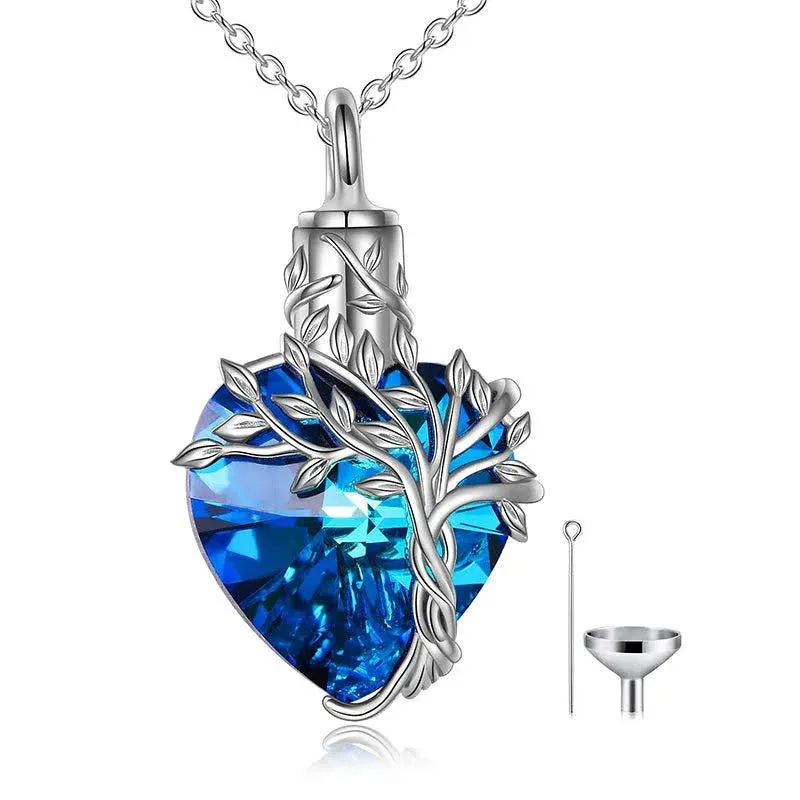 Heart Tree of Life Urn Necklace for Ashes Sterling Silver Cremation Jewelry with Crystal w/Funnel Filler, Blue / Silver