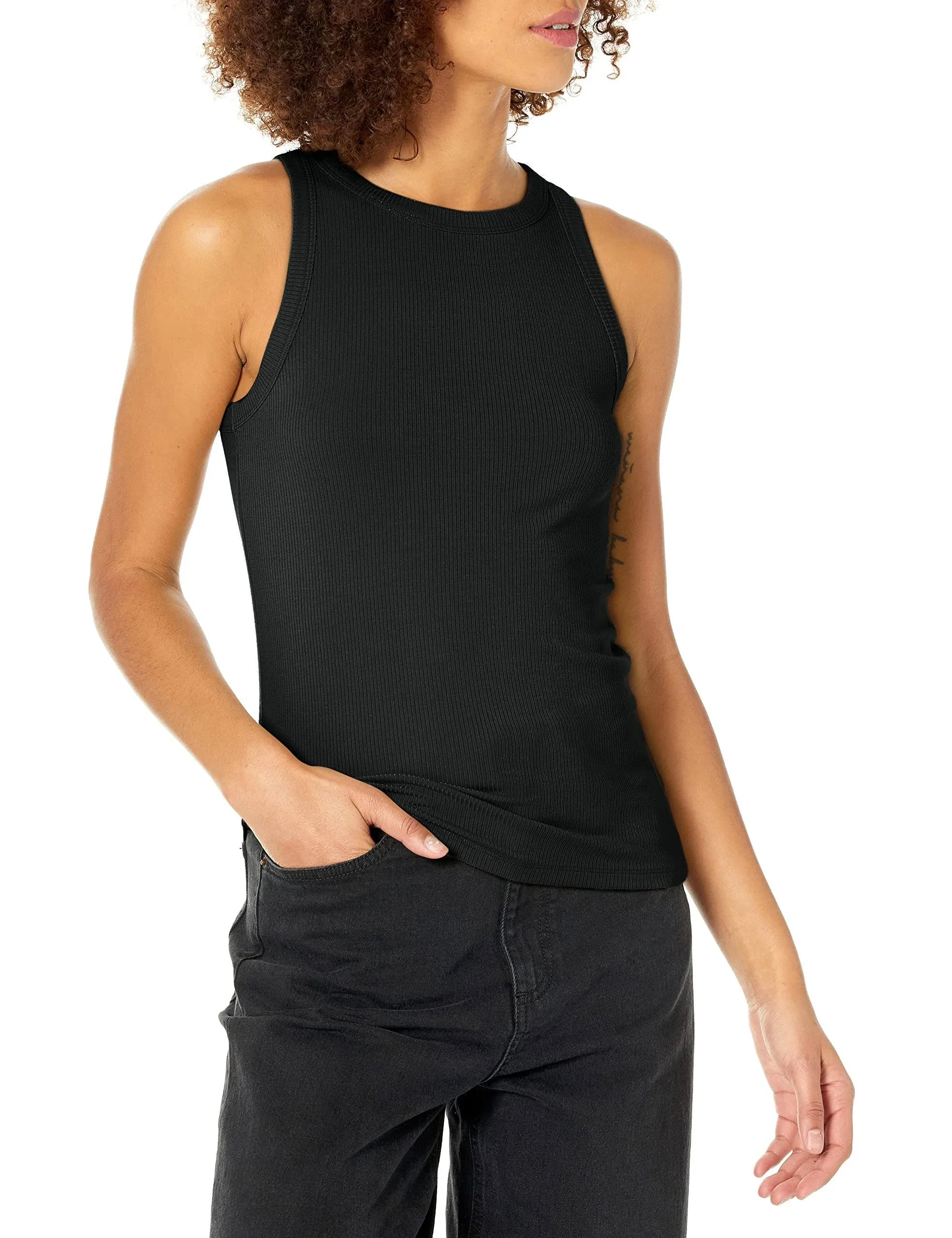 The Drop Women&#039;s Valerie Cutaway Neck Racerback Rib Knit Tank Top, Black, XXS