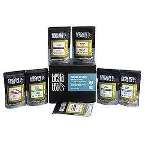 Tiesta Tea Single Origin Tea Sampler Set, Up to 56 Cups, Low to High Caffeine, Hot & Iced Tea, Loose Leaf Tea Variety Pack with Green, White, Black & Oolong Tea, 7 Sample Pouches