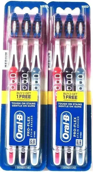 2 Packages Oral-B Pro-Flex Stain Eraser Gum Gentle Medium 3 Count Toothbrushes