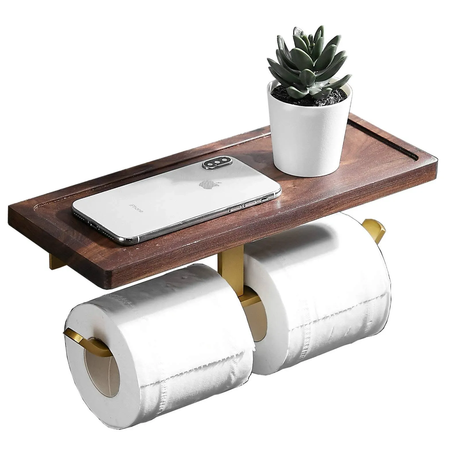 SHUNLI Toilet Paper Holder with Shelf, wood&aluminium Double Roll Toilet Tissue ...