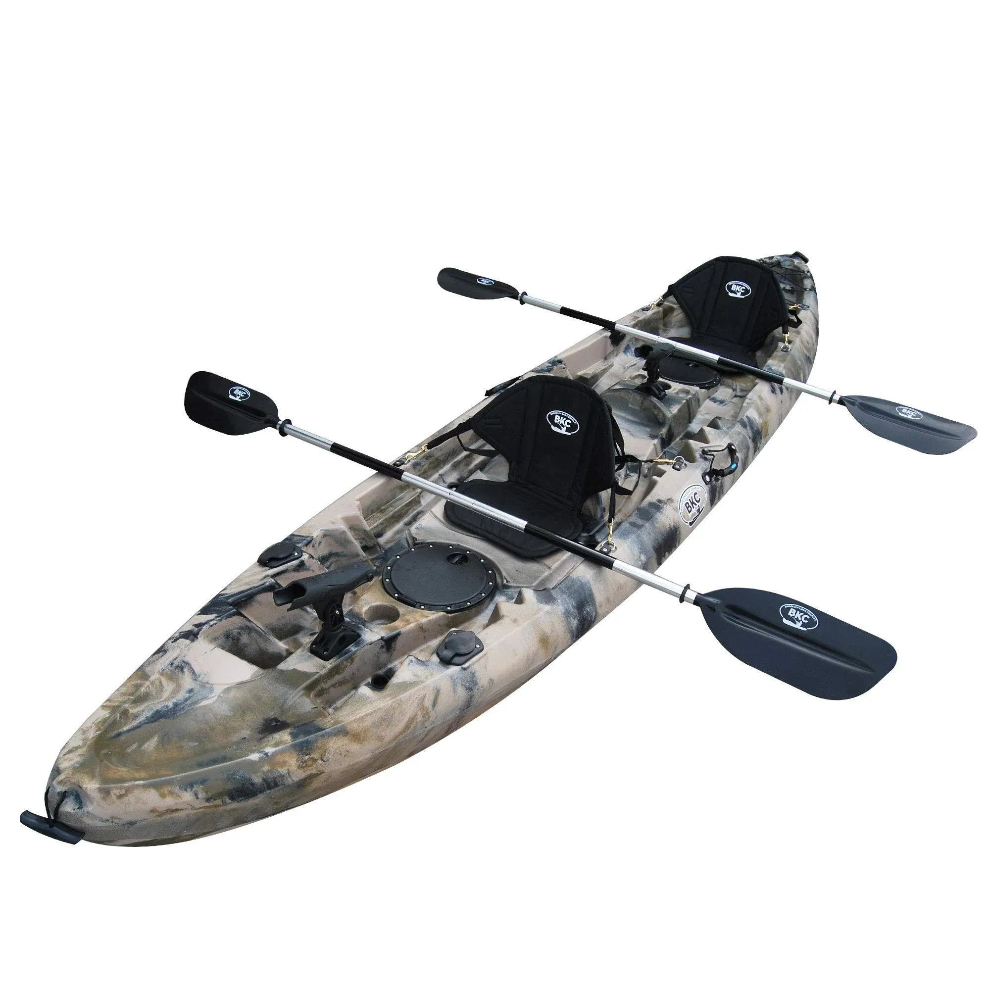 BKC TK219 12.5 Foot Tandem Fishing Kayak w/ Soft Padded Seats, 2 Paddles, 6 Rod Holders, 2-3 Person Angler Kayak