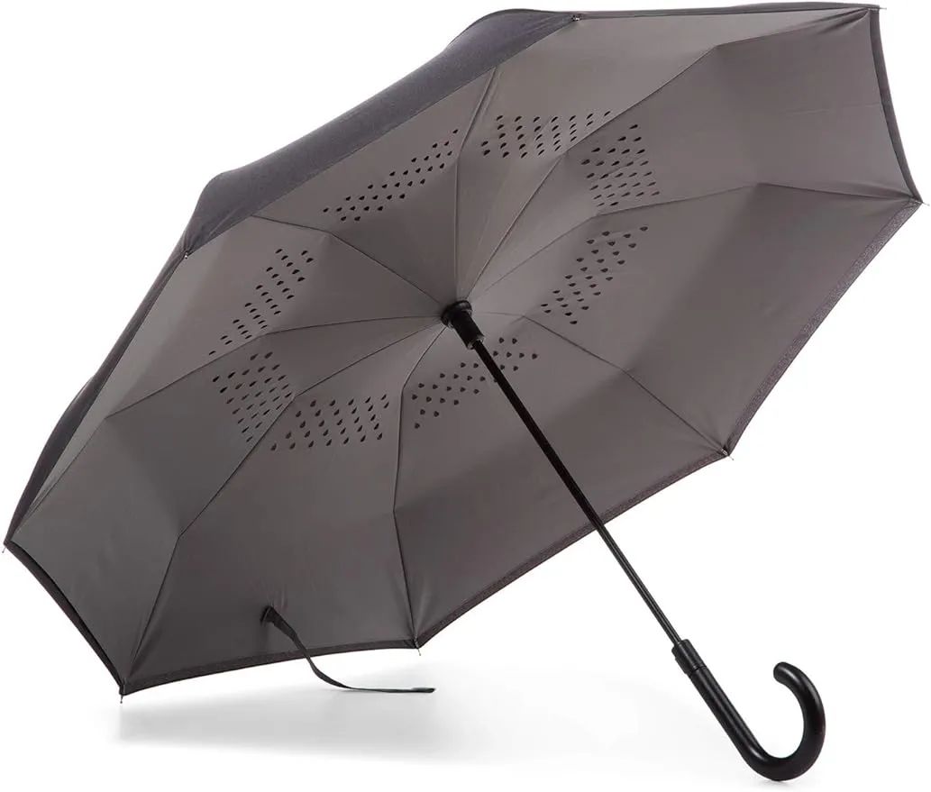 Totes InBrella - Reverse Close Umbrella with Invisible Water Repellent Coating - Auto Close, Inverted, Dripless, and Stormproof for Rainy Weather