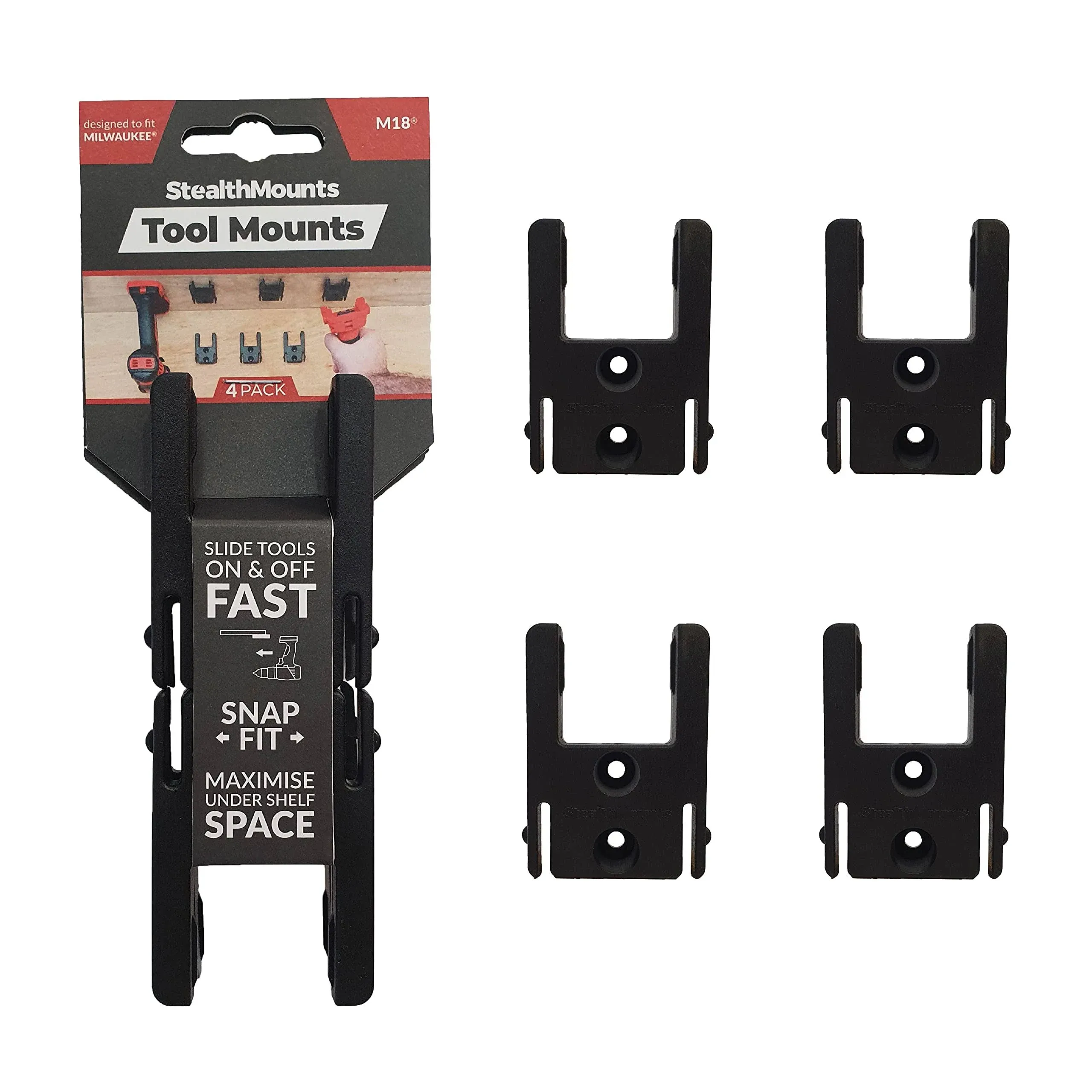 StealthMounts Tool Mount Milwaukee M18 Black 4 Pack - TM-MW18-BLK-4