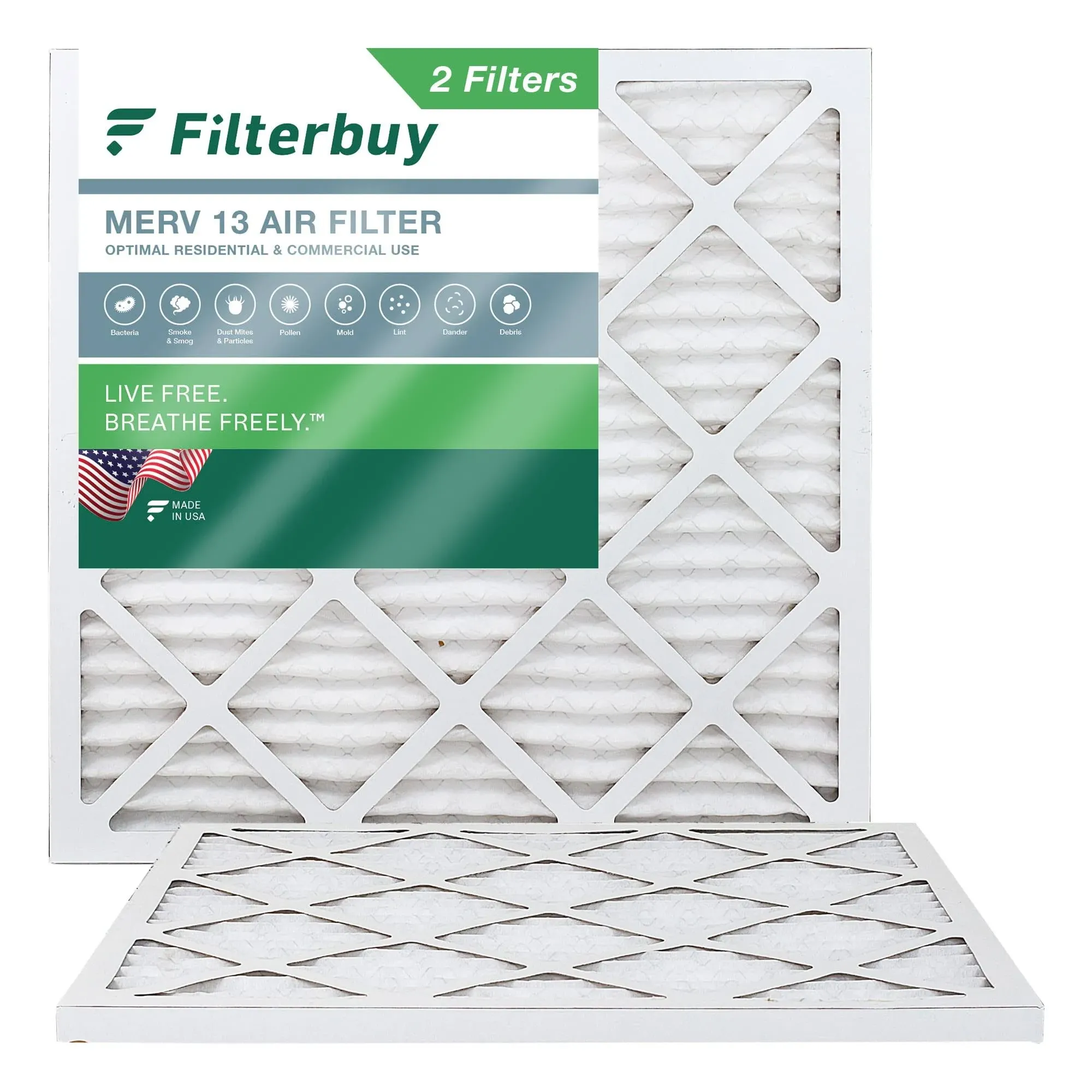 Filterbuy 18x18x1 Air Filter MERV 13 Optimal Defense (2-Pack), Pleated HVAC AC Furnace Air Filters Replacement (Actual Size: 17.75 x 17.75 x 0.75 Inches)