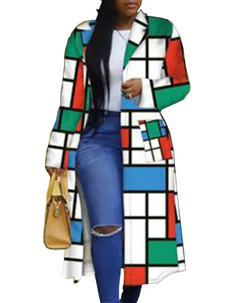 Women's Colored Geo Turn Down Collar Trench Coat Colorful Outerwear Cardigan Long Blazer Jacket