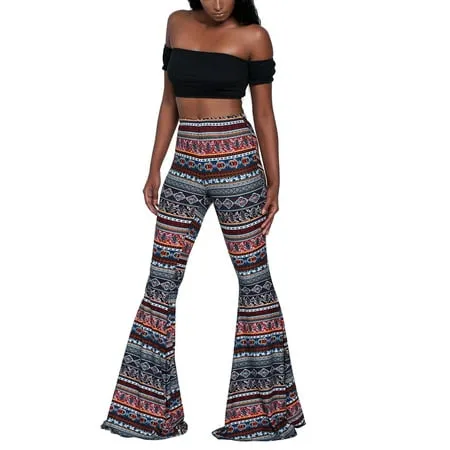 FOCUSNORM Women High Waisted Flare Palazzo Wide Leg Pants Ethnic Print Bell Bottoms Trousers