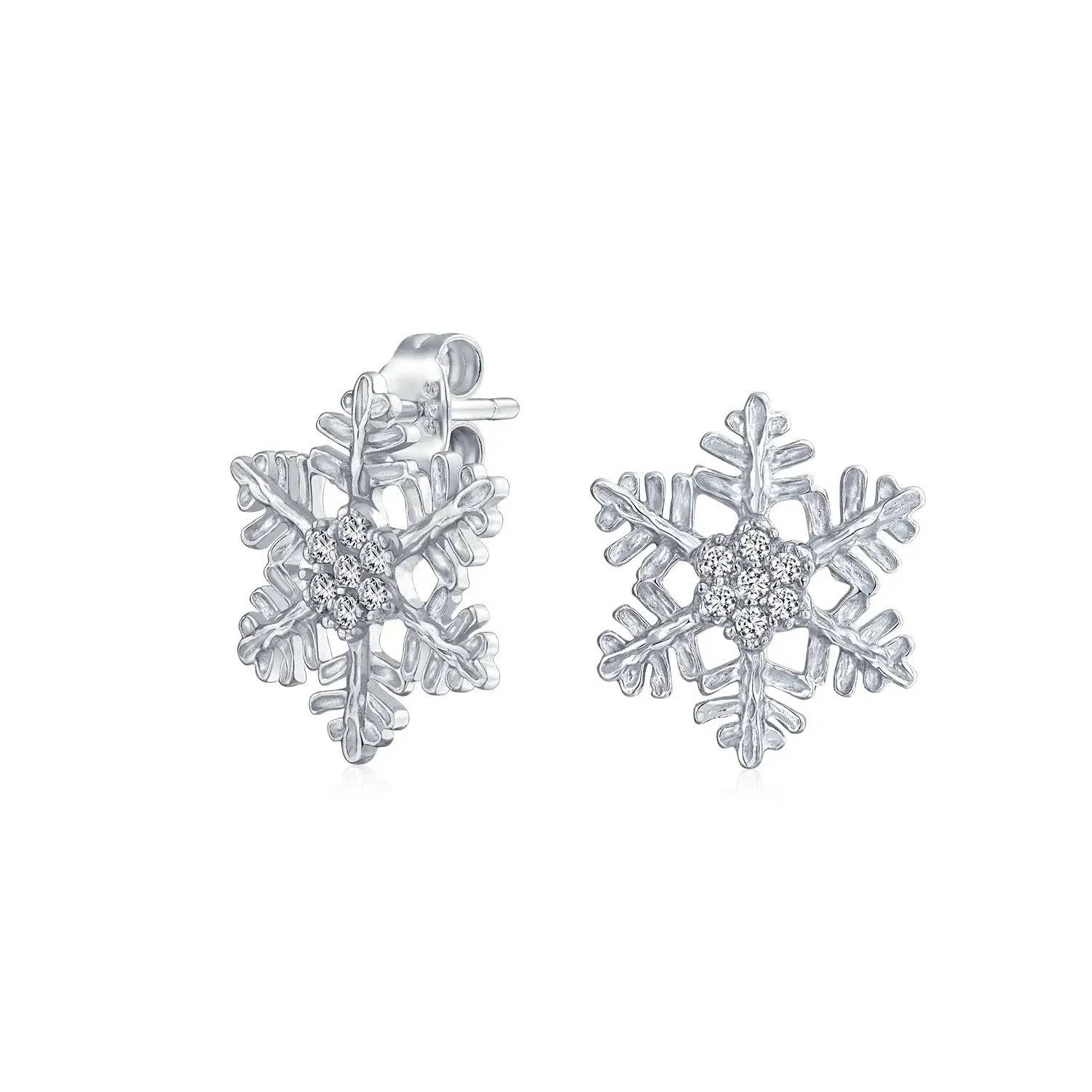 Holiday Party Flower Christmas Winter Clear Blue Cubic Zirconia Accent CZ Snowflake Stud Earrings For Women Sterling Silver