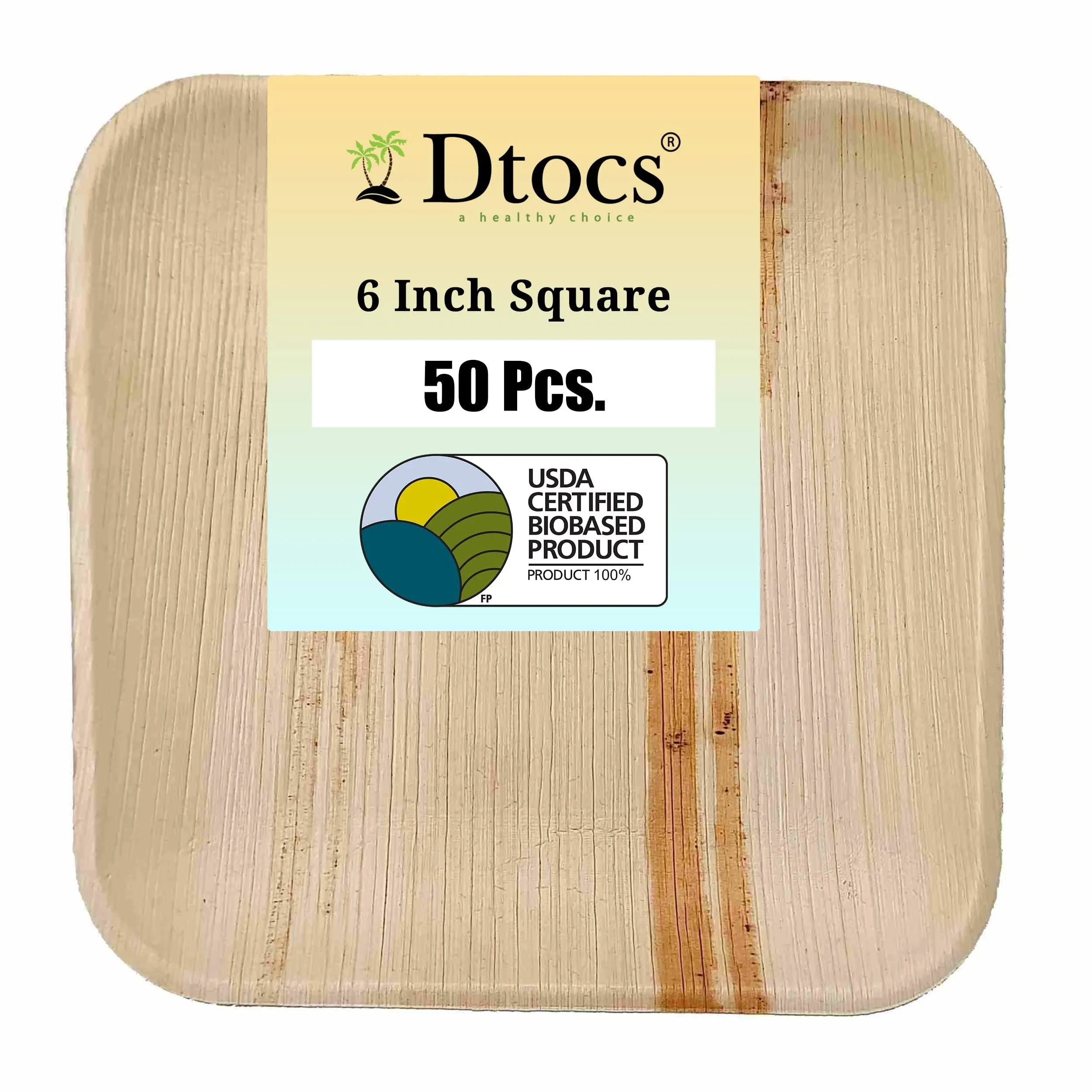 Dtocs Palm Leaf Plates 6 Inch Square (50) | Bamboo Plates Disposable Look Cocktail Plates for Appetizers, Camping, Dessert, Mini Charcuterie Boards | Compostable Plates Alternate to 6" Paper Plates