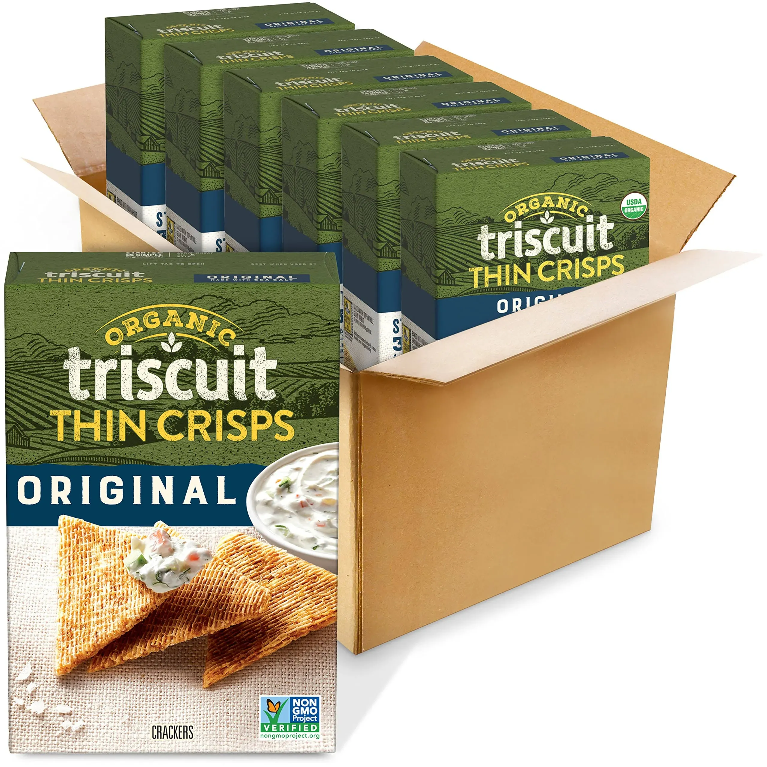 Triscuit Thin Crisps Original Whole Grain Wheat Crackers, Vegan Crackers, 6 - 7.1 oz Boxes