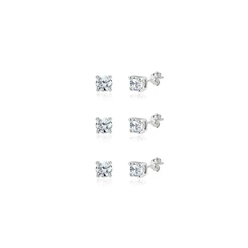 3-Pair Set Sterling Silver Cubic Zirconia 5Mm Round Stud Earrings