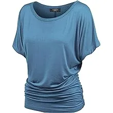 Made By Johnny Women's Casual Solid Short Sleeve Boat Neck/V Neck Dolman Top T Shirt with Side Shirring