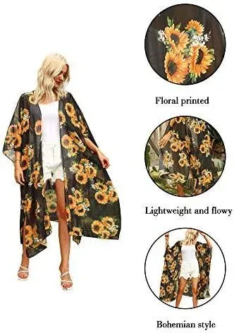 Hibluco Women's Long Floral Kimono Printed Cardigan Sheer Swimsuit Cover Ups