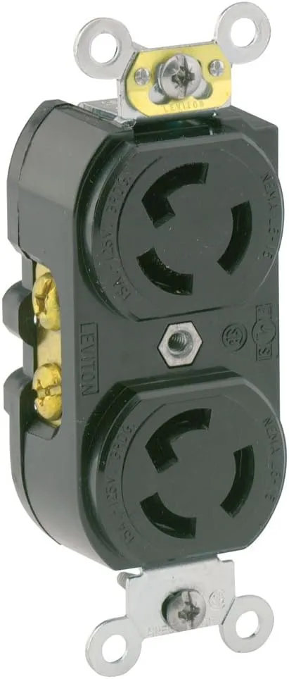 Leviton 4700 15 Amp, 125 Volt, NEMA L5-15R, 2P, 3W, Duplex Locking Receptacle, Industrial Grade, Grounding, Black, Common Feed Only