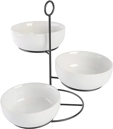 Gibson Home Gracious Dining Dinnerware, 3pc Tidbit Bowl Set w/Bamboo Tray, White, 3-Piece Tidbit Bowl w/Bamboo Tray