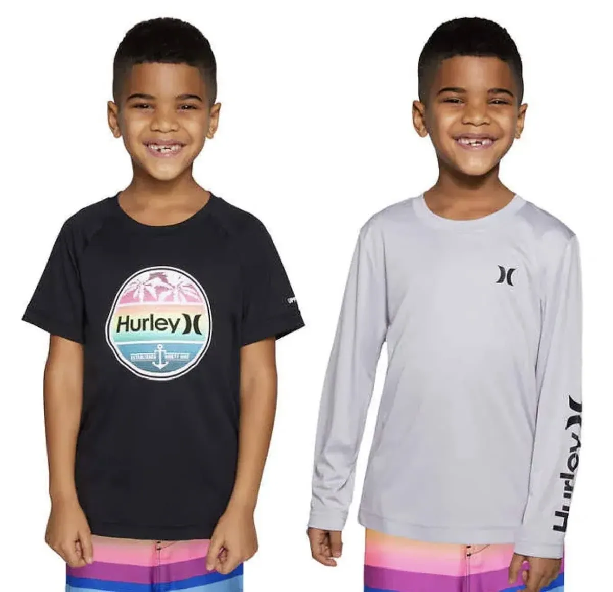 Boy s Hurley 2 Pack UPF Swim Shirts Black Gray Size Large 14 - 16 Rash Guard