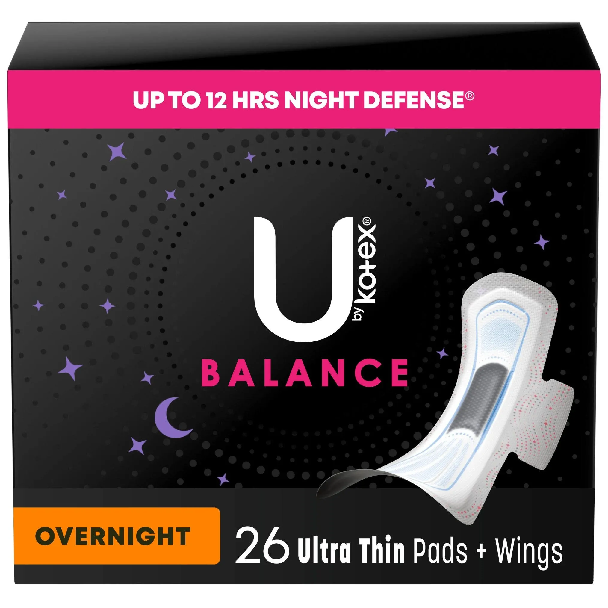 U by Kotex Balance Ultra Thin Overnight Pads with Wings - 26 ct