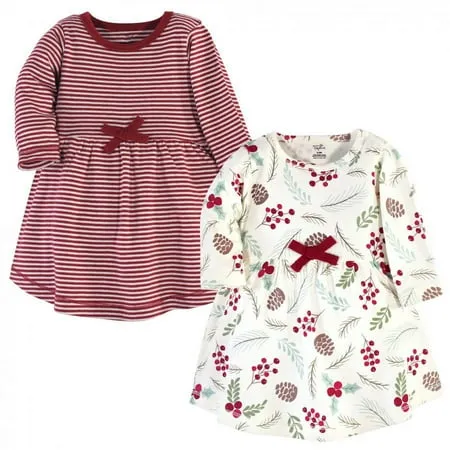 Touched by Nature Baby and Toddler Girl Organic Cotton Long-Sleeve Dresses 2pk Holly Berry 3-6 Months