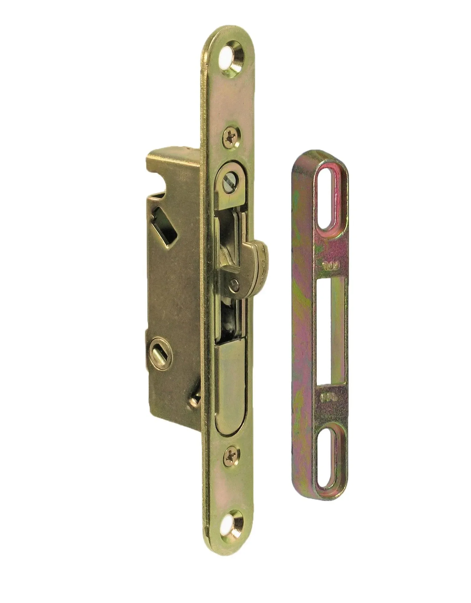 FPL #3-45-S Sliding Glass Door Replacement Mortise Lock with Adapter Plate, 4-5/8” Screw Holes, 45 Degree Keyway- YZD Plating