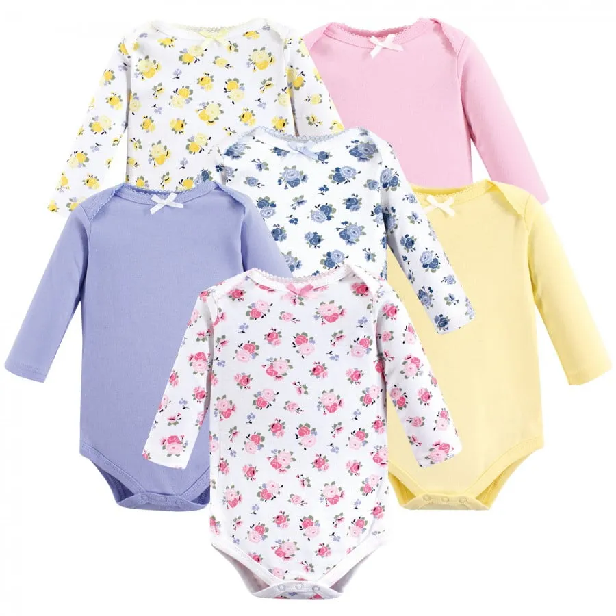 Luvable Friends Baby Girl Cotton Long-Sleeve Bodysuits 6pk, Floral, 9-12 Months