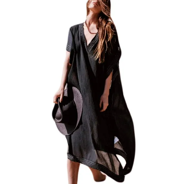 Bsubseach Black Long Half Sleeve Beach Kaftan Dress Women Casual Swimwear Bikini Cover Up