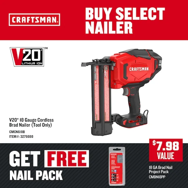 CRAFTSMAN V20 Brad Nailer, 18GA, беспроводной, только без инструмента (CMCN618B)