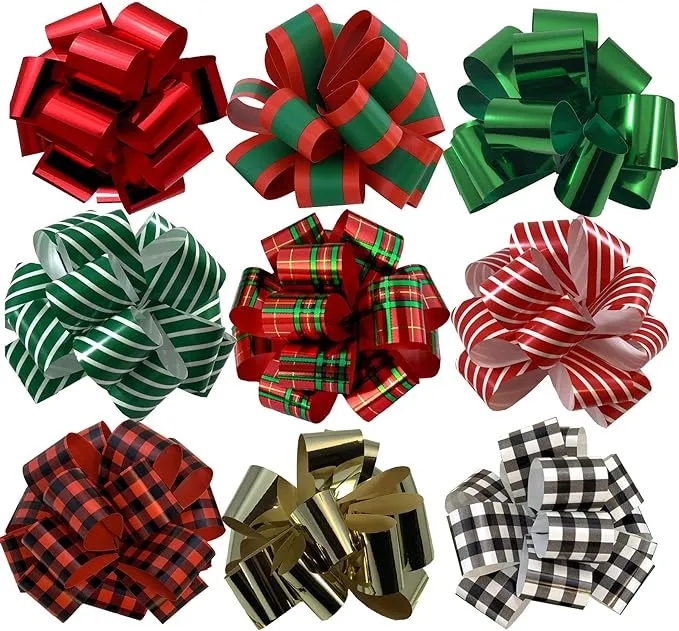 Christmas Gift Wrap Pull Bows - 5" Wide, Set of 9, Metallic Red, Green, Gold, Stripes, Plaid, Buffalo Check, Ribbons for Christmas Presents, Wreaths, Swags, Giftwrapping